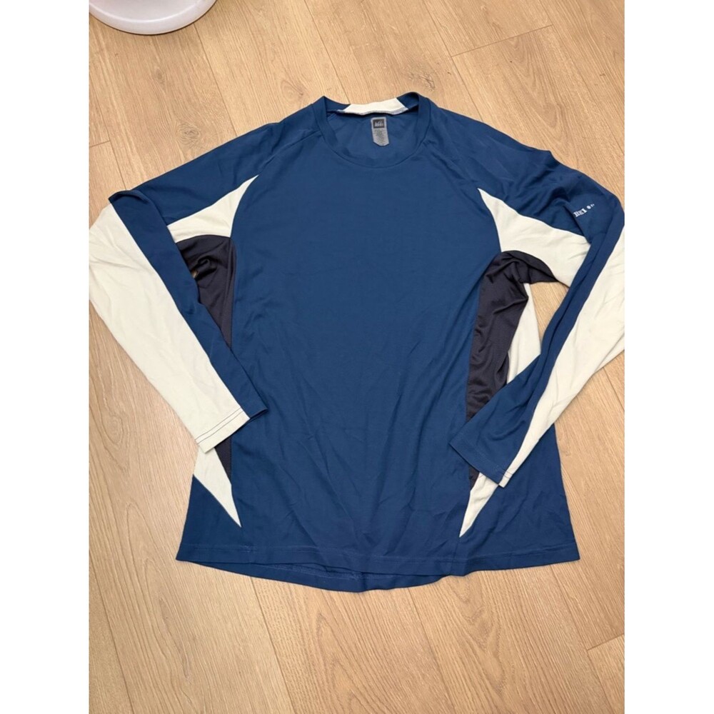 REI men’s size XL Blue Long Sleeve Athletic Shirt with White & Navy Panels